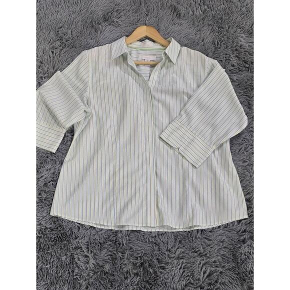 Chico's Size 3 Women's Green Metallic Striped Button Up Shirt Size XL No- Iron - Picture 2 of 7